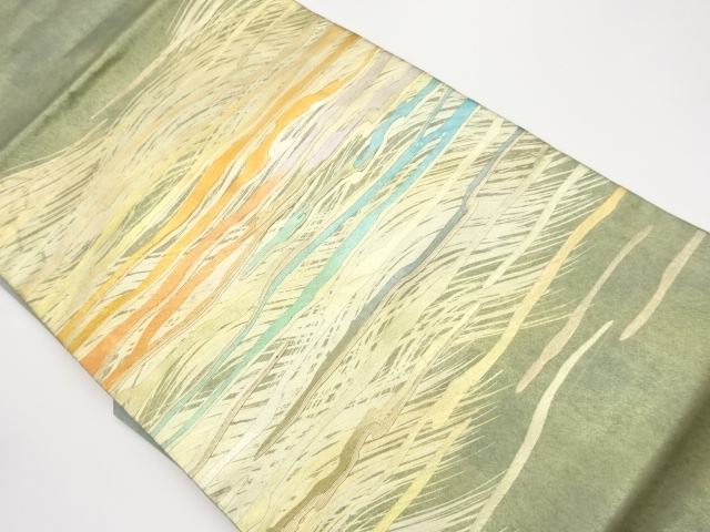 JAPANESE KIMONO / GILT ABSTRACT HORIZONTAL TIERED PATTERN NAGOYA OBI